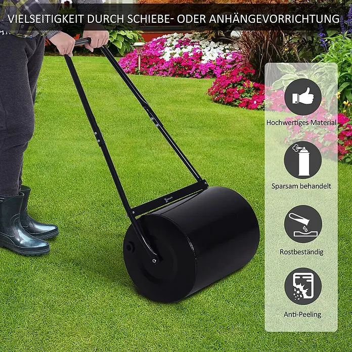 Outsunny Rasenwalze - Passend für: frisch gesäten Rasen und unebene Stellen, Arbeitsbreite: 57 cm, Schwarz - Eine Person verwendet eine schwarze Rasenwalze mit Schiebegriff.