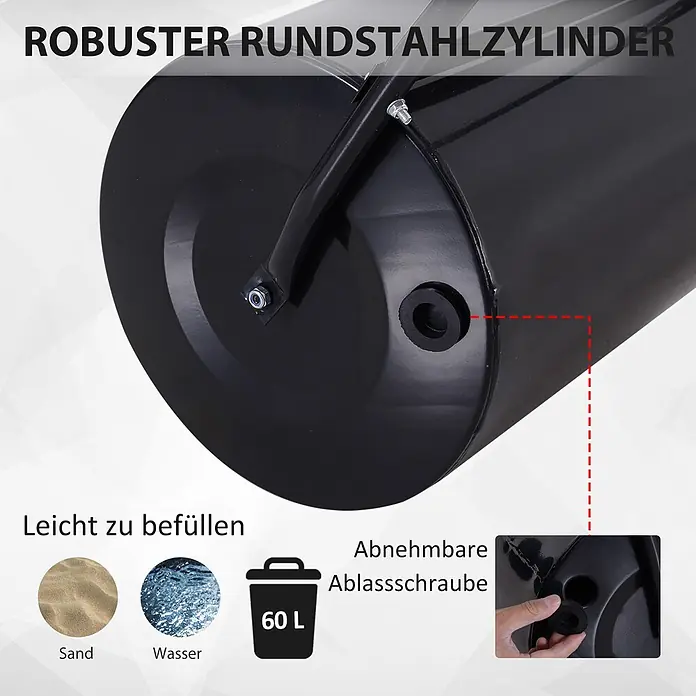 Outsunny Rasenwalze - Passend für: frisch gesäten Rasen und unebene Stellen, Arbeitsbreite: 57 cm, Schwarz - Schwarzer robuster Stahlzylinder (Rasenwalzenteil) mit 60L Fassungsvermögen, leicht mit Sand oder Wasser zu befüllen und abnehmbarem Ablassstopfen.