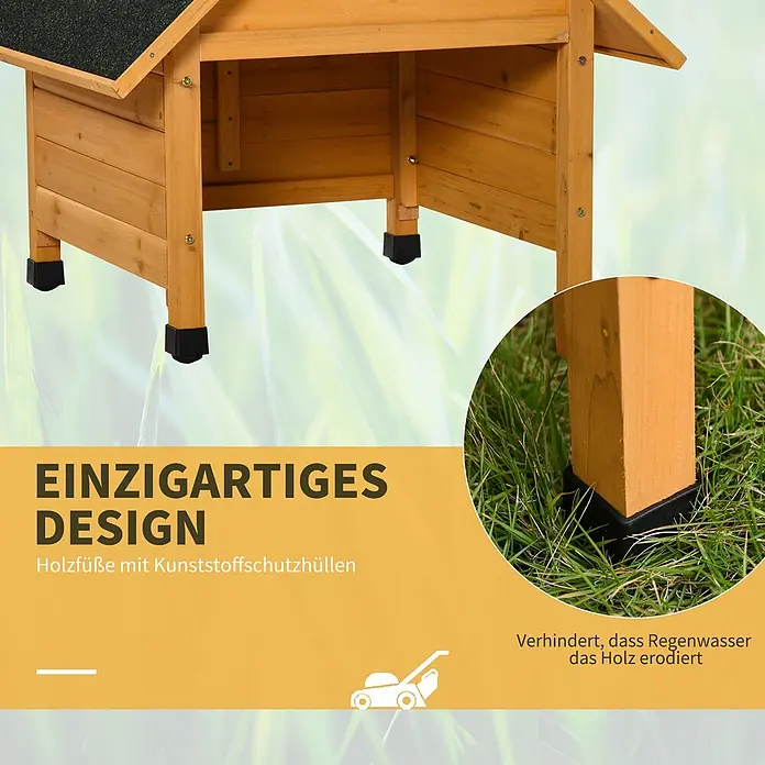 Outsunny Mähroboter-Garage - Gelb, Rasenmähroboter - Hölzerne Outdoor-Struktur mit schwarzen Kunststofffüßen, die das Holz vor Feuchtigkeit und Erosion schützen.