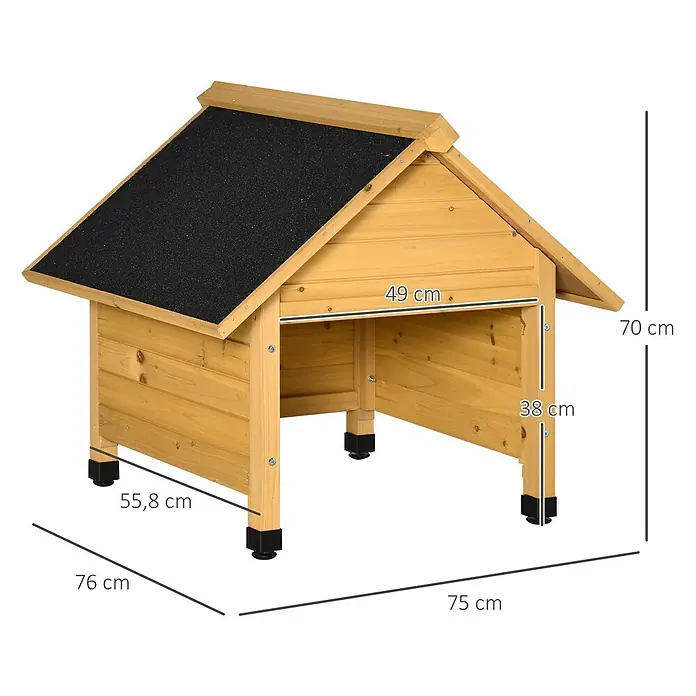 Outsunny Mähroboter-Garage - Gelb, Rasenmähroboter - Holzhundehütte aus Holz mit schwarzem Bitumendach, auf erhöhten Füßen stehend, mit Maßen.