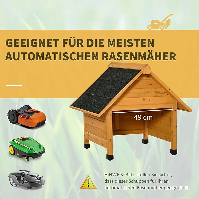 Outsunny Mähroboter-Garage - Gelb, Rasenmähroboter - Hölzerne Garage für Mähroboter mit dunklem Dach und 49 cm Einfahrtshöhe, mit Beispielmähern.
