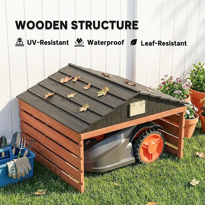 Outsunny Mähroboter-Garage - L x B x H: 79 x 74 x 54 cm, Rotbraun, Rasenmähroboter - Hölzernes Schutzdach mit dunkelgrauem Dach und rötlich-braunen Lattenseiten für einen Mähroboter im Garten.