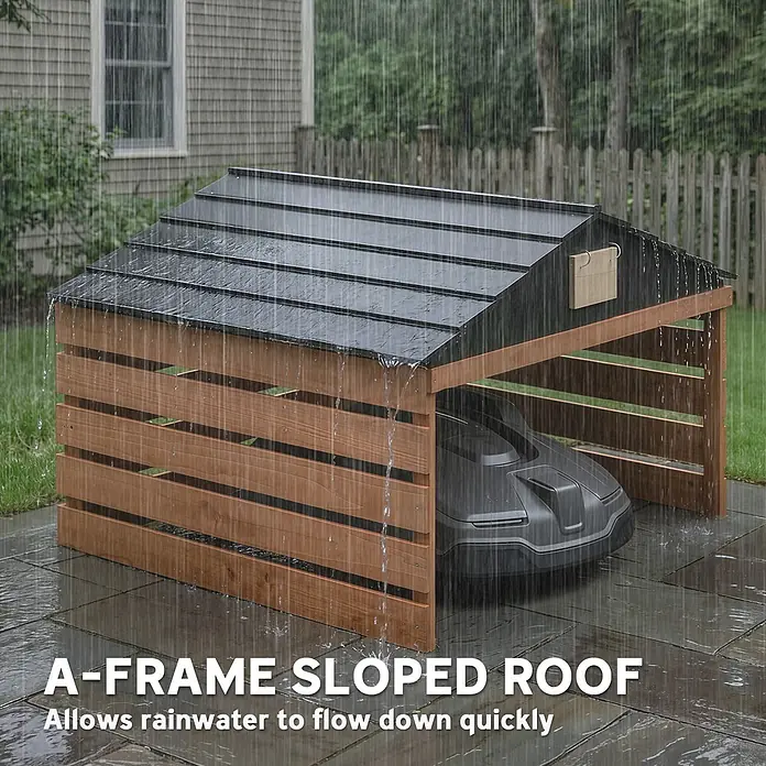Outsunny Mähroboter-Garage - L x B x H: 79 x 74 x 54 cm, Rotbraun, Rasenmähroboter - Holz- und schwarzgedeckter Mähroboter-Unterstand im Regen, mit schrägem Dach für schnellen Wasserabfluss.
