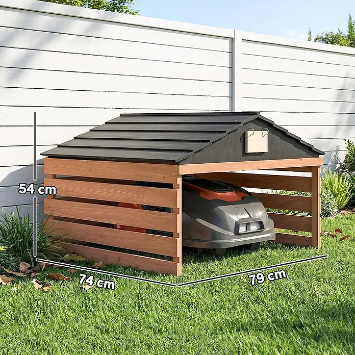 Outsunny Mähroboter-Garage - L x B x H: 79 x 74 x 54 cm, Rotbraun, Rasenmähroboter - Roboter-Rasenmäher-Garage aus Holz mit dunklem Dach, beherbergt einen Mäher. Maße: 54 cm hoch, 74 cm tief, 79 cm breit.