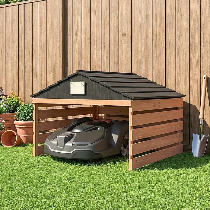 Outsunny Mähroboter-Garage - L x B x H: 79 x 74 x 54 cm, Rotbraun, Rasenmähroboter - Hölzerner Rasenmäher-Roboter-Unterstand mit dunklem Dach im Garten, schützt einen Mäher.