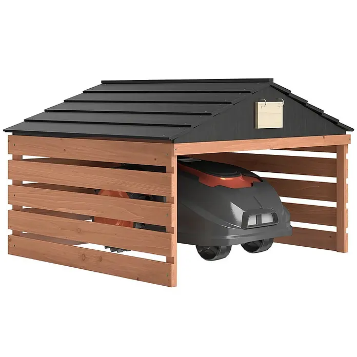 Outsunny Mähroboter-Garage - L x B x H: 79 x 74 x 54 cm, Rotbraun, Rasenmähroboter - Holzgarage mit dunklem Dach für Rasenroboter, in der ein grau-oranger Mähroboter steht.