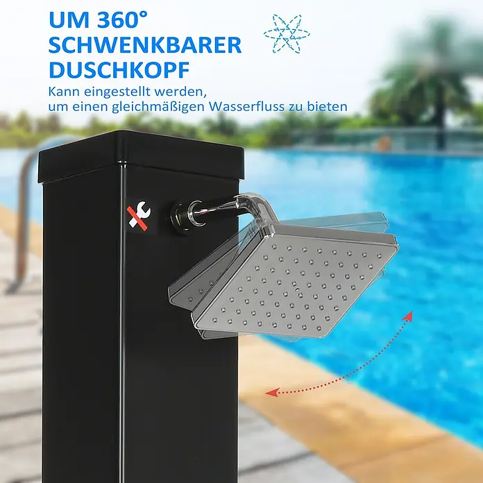 Outsunny Solardusche - Höhe: 217 cm, Kunststoff, Schwarz, 40 l - Schwarze Außendusche mit 360° schwenkbarem Chrom-Duschkopf neben einem Pool.