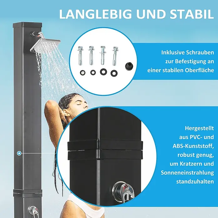Outsunny Solardusche - Höhe: 217 cm, Kunststoff, Schwarz, 40 l - Schwarze Außendusche aus robustem PVC- und ABS-Kunststoff, mit Befestigungsschrauben gezeigt, während eine Frau duscht.