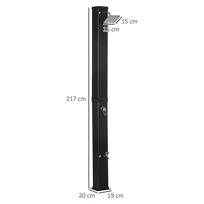 Outsunny Solardusche - Höhe: 217 cm, Kunststoff, Schwarz, 40 l - Schwarze Outdoor-Dusche mit quadratischer Säule, integriertem Duschkopf, Mischer und unterem Wasserhahn. Maße: 217 cm H, 20x19 cm Basis, 15x15 cm Duschkopf.
