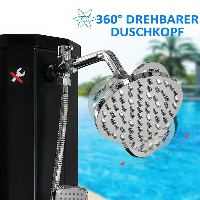 Outsunny Solardusche - Höhe: 216 cm, Kunststoff, Schwarz, 35 l - Verchromter 360° drehbarer Duschkopf an schwarzer Außendusche, am Pool. Pfeile zeigen Drehung.