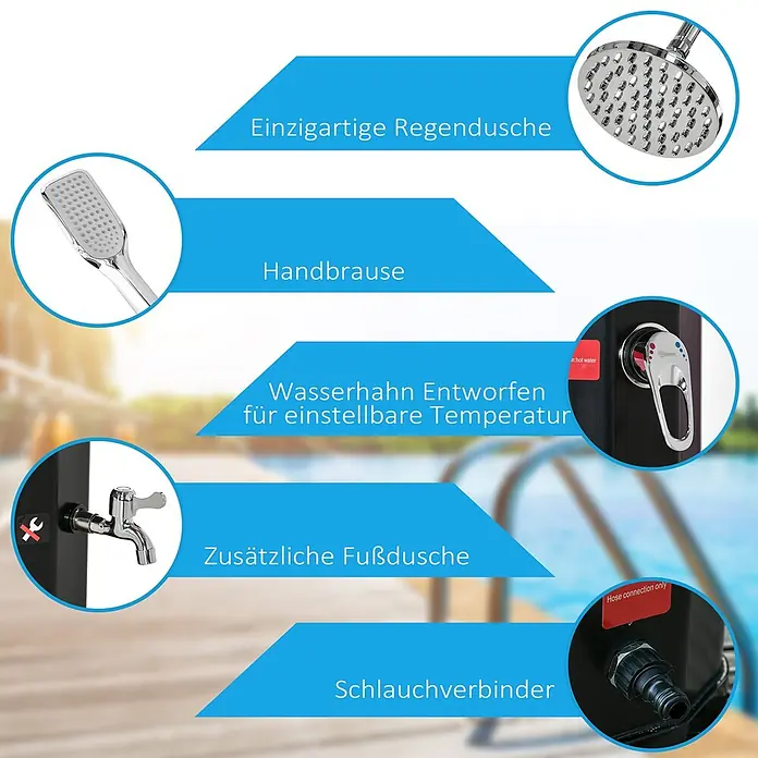 Outsunny Solardusche - Höhe: 216 cm, Kunststoff, Schwarz, 35 l - Eine schwarze Außendusche mit Regendusche, Handbrause, Temperaturregler, Fußdusche und Schlauchanschluss, am Poolrand.