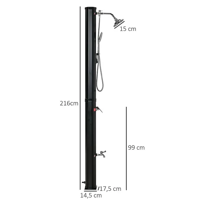 Outsunny Solardusche - Höhe: 216 cm, Kunststoff, Schwarz, 35 l - Schwarze Outdoor-Säulendusche mit festem und Handbrause sowie einem unteren Wasserhahn.
