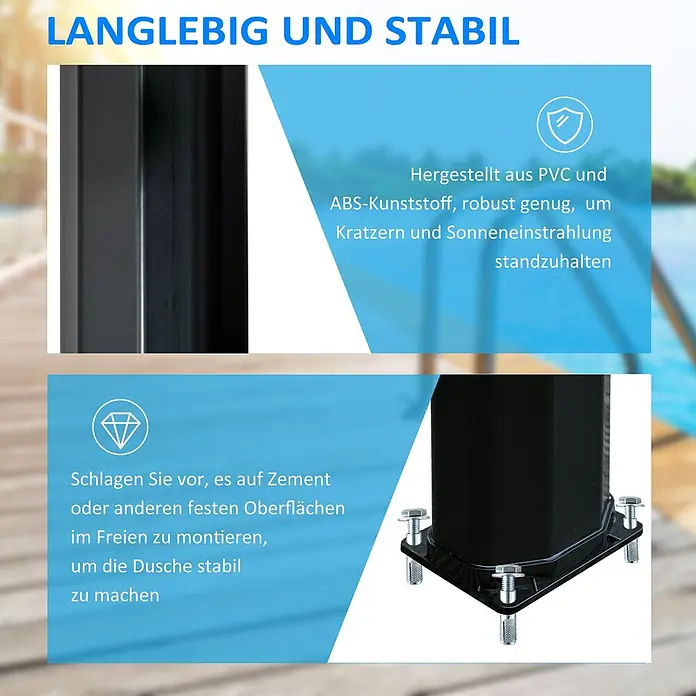 Outsunny Solardusche - Höhe: 216 cm, Kunststoff, Schwarz, 35 l - Schwarze PVC/ABS Outdoor-Duschsäule mit Befestigungsbolzen für stabile Montage.