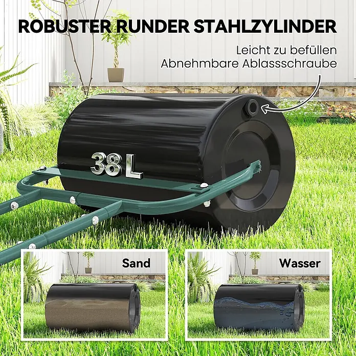 Outsunny Rasenwalze - Passend für: frisch gesäten Rasen und unebene Stellen, Arbeitsbreite: 50 cm, Dunkelgrün - Eine robuste schwarze 38L Stahl-Rasenwalze mit grünem Griff, zum Befüllen mit Sand oder Wasser.