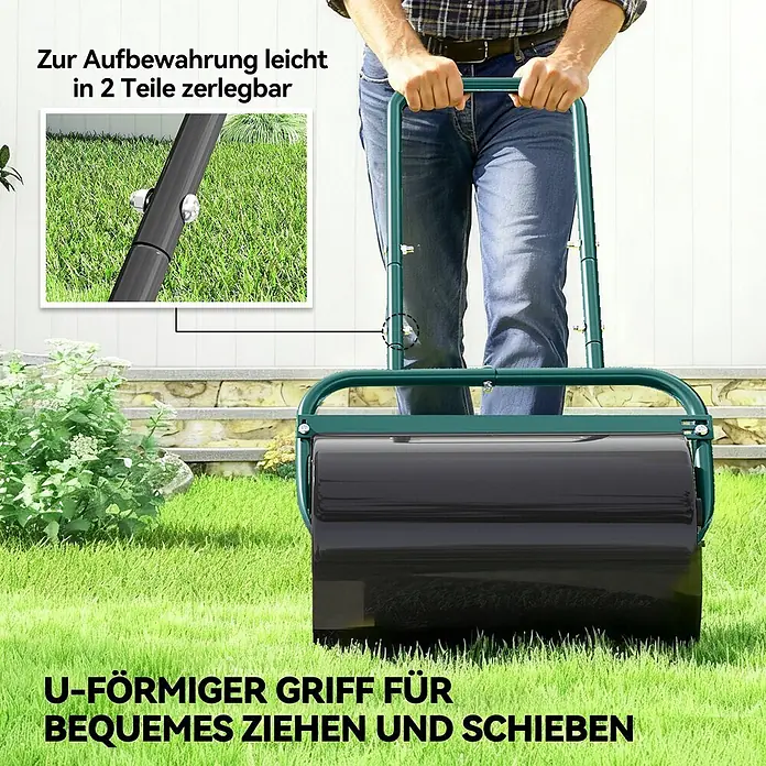 Outsunny Rasenwalze - Passend für: frisch gesäten Rasen und unebene Stellen, Arbeitsbreite: 50 cm, Dunkelgrün - Ein Mann bedient eine dunkelgrüne Rasenwalze mit schwarzer Rolle auf einem Rasen. Sie hat einen U-förmigen Griff und ist zur einfachen Lagerung zerlegbar.