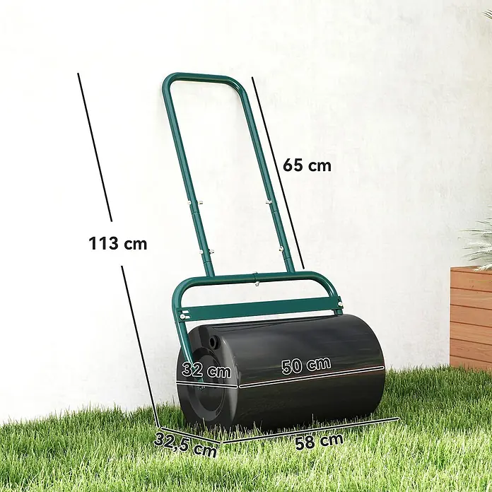 Outsunny Rasenwalze - Passend für: frisch gesäten Rasen und unebene Stellen, Arbeitsbreite: 50 cm, Dunkelgrün - Schwarze Rasenwalze mit grünem Griff, Gesamthöhe 113 cm, Walzenbreite 50 cm, auf Gras mit Größenangaben dargestellt.