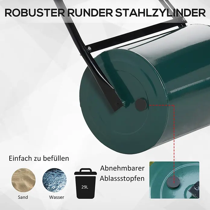 Outsunny Rasenwalze - Passend für: frisch gesäten Rasen und unebene Stellen, Arbeitsbreite: 41 cm, Dunkelgrün - Dunkelgrüne Gartenwalze aus robustem Stahl mit 29L Fassungsvermögen, befüllbar mit Sand oder Wasser.