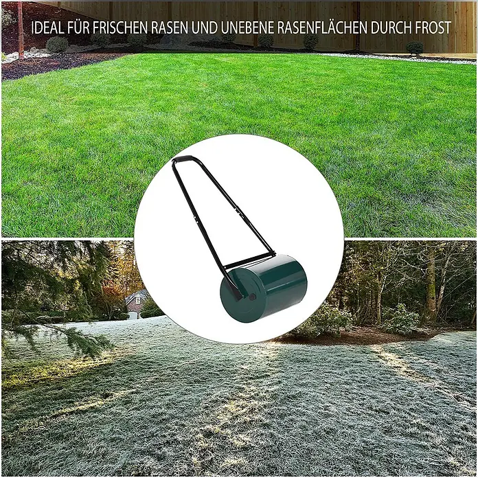Outsunny Rasenwalze - Passend für: frisch gesäten Rasen und unebene Stellen, Arbeitsbreite: 41 cm, Dunkelgrün - `Grüne Rasenwalze mit schwarzem Griff, vor Hintergründen von frisch grünem und frostigem Rasen, zur Rasenpflege.`