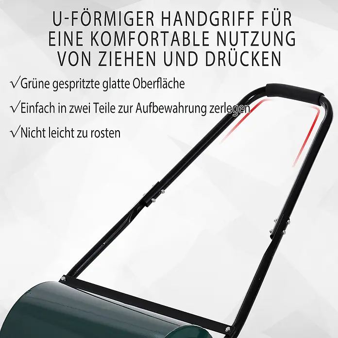 Outsunny Rasenwalze - Passend für: frisch gesäten Rasen und unebene Stellen, Arbeitsbreite: 41 cm, Dunkelgrün - Schwarzer U-förmiger Griff und grüne Walze eines Gartenrollers.