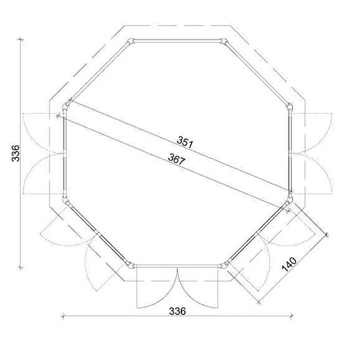 Alpholz Gartenpavillon Emma 40 Fenstern - Außenmaß inkl. Dachüberstand (B x T): 396 x 396 cm, Holz, Naturbelassen - Technische Zeichnung eines achteckigen Grundrisses, zeigt acht Seiten, Türöffnungen und diverse Schlüsselmaße.