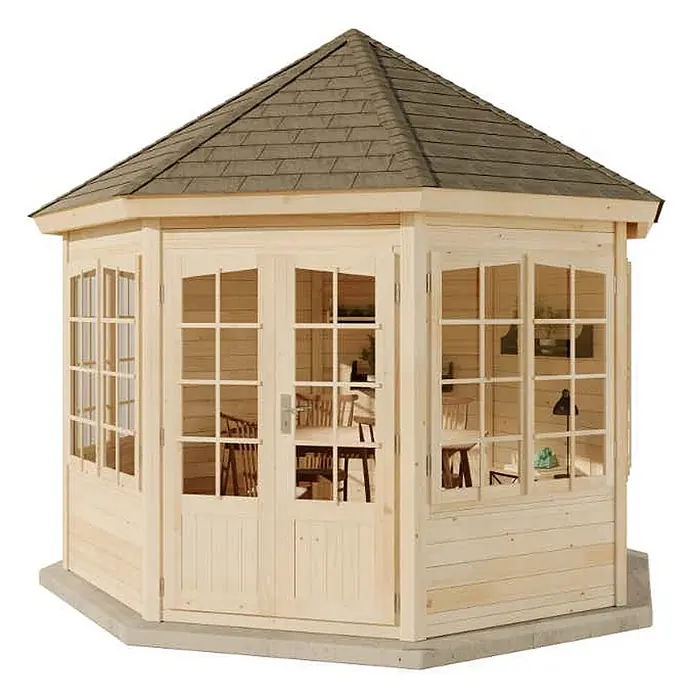 Alpholz Gartenpavillon Emma 40 Fenstern - Außenmaß inkl. Dachüberstand (B x T): 396 x 396 cm, Holz, Naturbelassen - Achteckiges Gartenhaus aus hellem Holz mit Doppeltüren, Fenstern und dunklem Schindeldach.