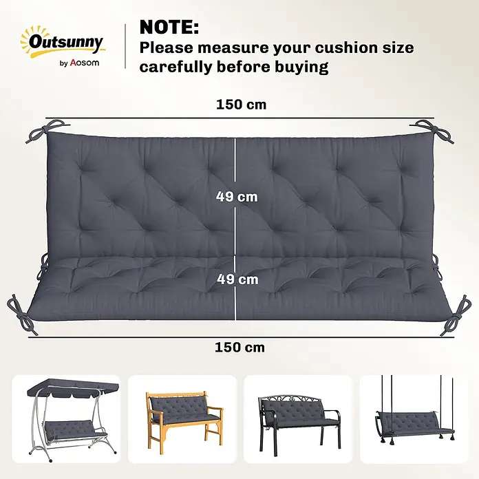 Outsunny Bankauflage - Gartenbank, 1 Stk., L x B x H: 98 x 150 x 8 cm, Polyester, Schaumstoff, Dunkelgrau - Dunkelgraues getuftetes Gartenbankkissen mit Bändern, 150 cm lang und 98 cm hoch.