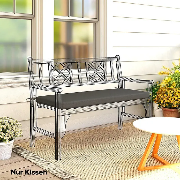 Outsunny Bankauflage - Gartenbank, 1 Stk., L x B x H: 110 x 46 x 6,5 cm, Polyester, Schwamm, Dunkelgrau - Dunkelgraues rechteckiges Outdoor-Bankkissen auf skizzierter Holzbank auf einer Terrasse.