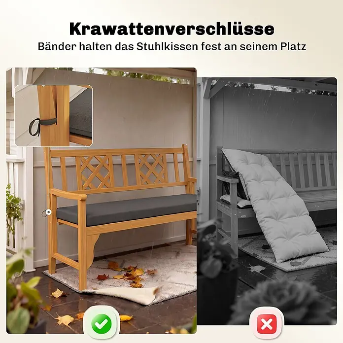 Outsunny Bankauflage - Gartenbank, 1 Stk., L x B x H: 110 x 46 x 6,5 cm, Polyester, Schwamm, Dunkelgrau - Ein dunkelgraues Gartenbankkissen mit Bändern, das fest an einer Holzbank befestigt ist, um Verrutschen zu verhindern.