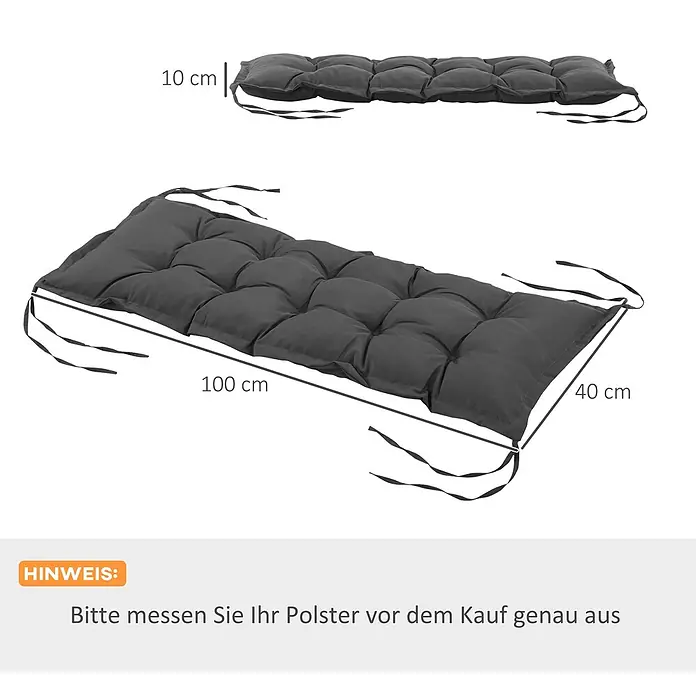 Outsunny Bankauflage - Gartenbank, 1 Stk., L x B x H: 100 x 40 x 10 cm, Polyester, Schaumstoff, Dunkelgrau - Dunkelgraue gesteppte Kissenauflage mit Bindebändern, Maße 100x40x10 cm.