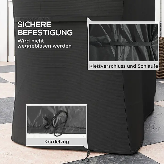 Outsunny Grill-Schutzhülle - Passend für: Geeignete Grillabmessungen: 145L x 55B x 85/110H cm, Polyester, 7,03 g/m², Schwarz - Schwarze Schutzhülle mit Klettverschluss und Kordelzug für sichere Befestigung gegen Wind.