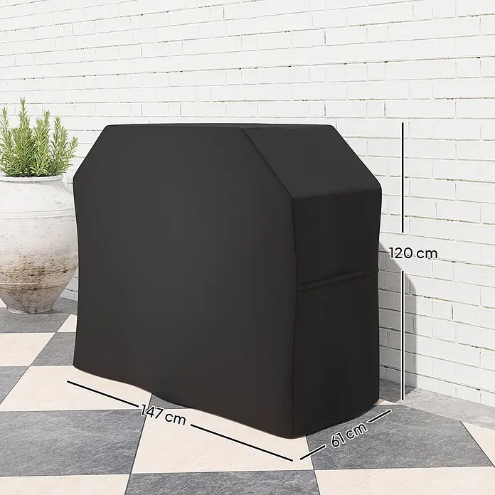 Outsunny Grill-Schutzhülle - Passend für: Geeignete Grillabmessungen: 145L x 55B x 85/110H cm, Polyester, 7,03 g/m², Schwarz - Schwarze Grillabdeckung, 147 cm lang, 61 cm breit und 120 cm hoch.