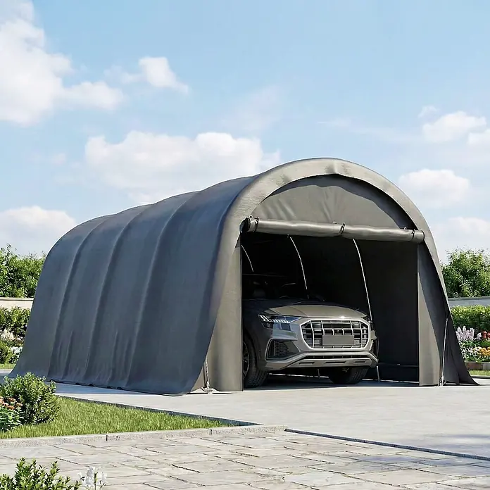 Outsunny Carport - Außenmaß inkl. Dachüberstand (B x T): 3 x 6 m, Dunkelgrau - Dunkelgraues, tragbares Auto-Schutzdach mit dunklem SUV auf gepflasterter Einfahrt.