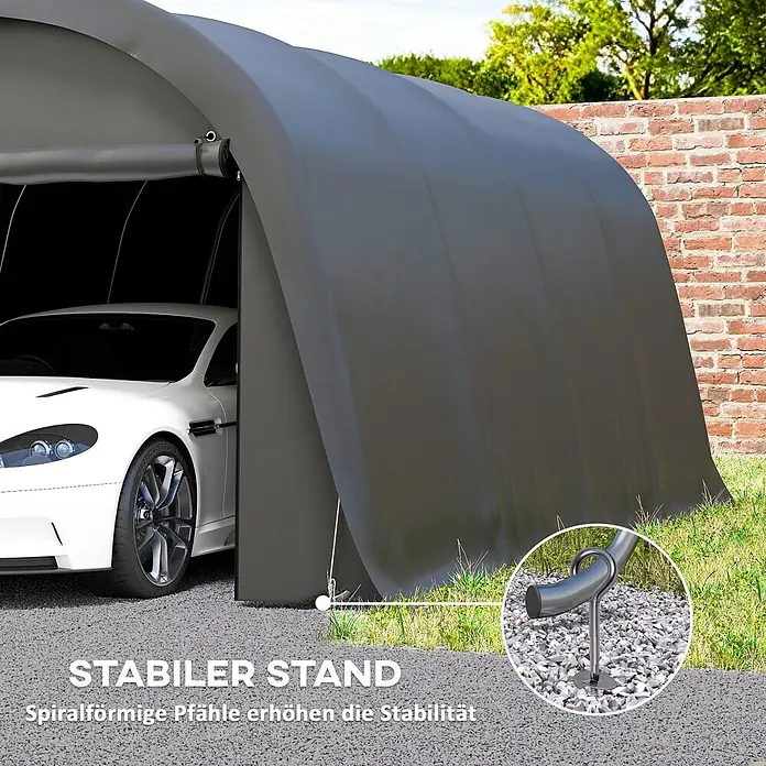 Outsunny Carport - Außenmaß inkl. Dachüberstand (B x T): 3 x 6 m, Dunkelgrau - Dunkelgraues Stoff-Garagenzelt schützt weißes Auto, mit Detail eines Spiralankers für Stabilität.