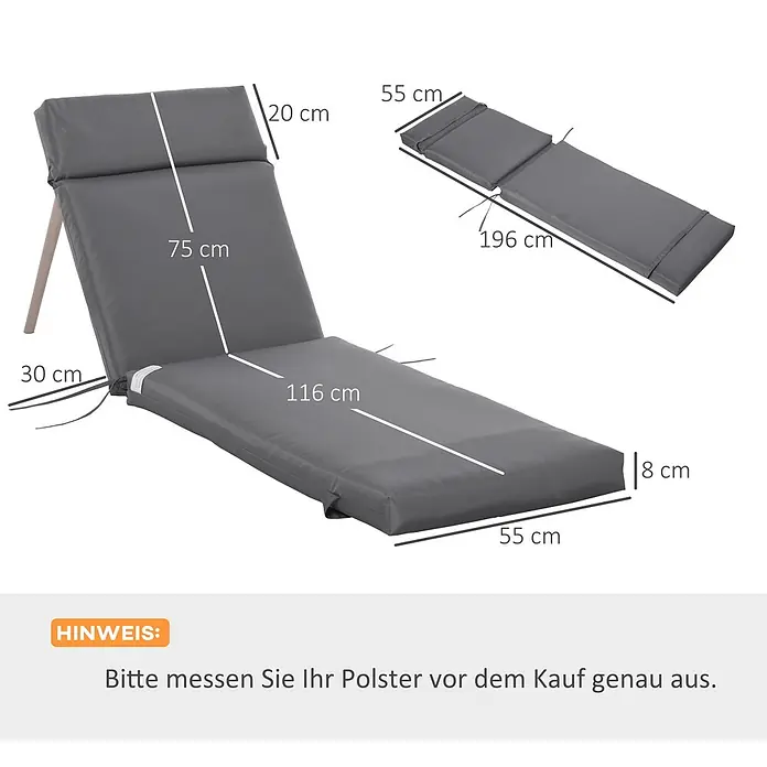 Outsunny Liegenauflage - Gartenliege, 2 Stk., L x B x H: 196 x 55 x 8 cm, Polyester, Schaumstoff, Dunkelgrau - Graues Liegestuhlpolster mit aufgedruckten Maßen, darunter 196 cm Gesamtlänge und 55 cm Breite.