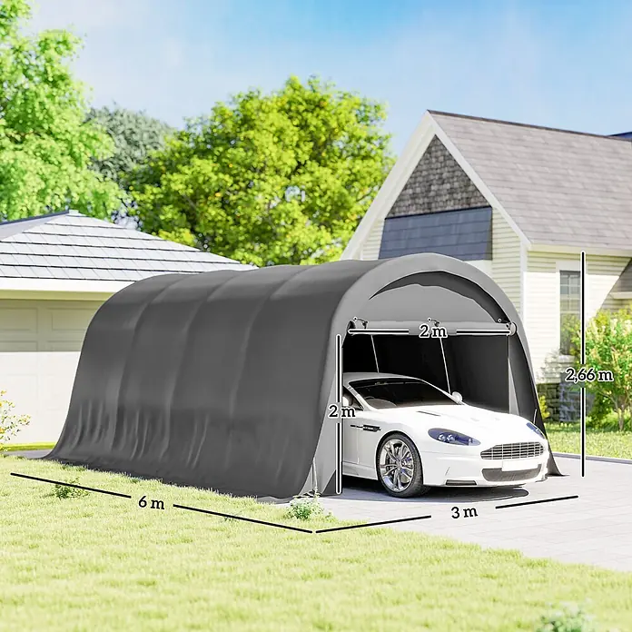 Outsunny Carport - Außenmaß inkl. Dachüberstand (B x T): 3 x 6 m, Dunkelgrau - Geräumige dunkelgraue tragbare Autogarage, die ein weißes Auto schützt, auf einer Einfahrt neben einem Haus aufgestellt.