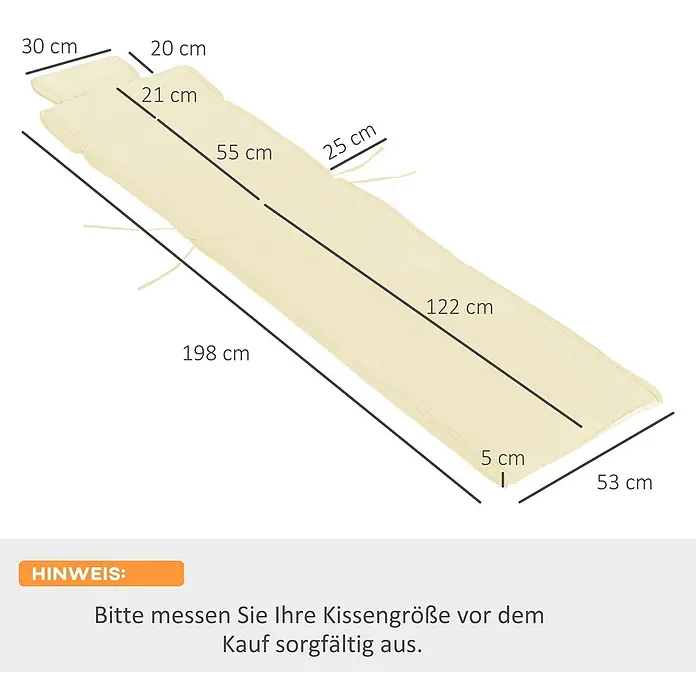 Outsunny Liegenauflage - Gartenliege, 1 Stk., L x B x H: 198 x 53 x 5 cm, Polyester, Baumwollfaser, Cremeweiß - Cremefarbene Sonnenliege-Auflage mit Maßen: 198 cm Länge, 53 cm Breite, 5 cm Dicke.
