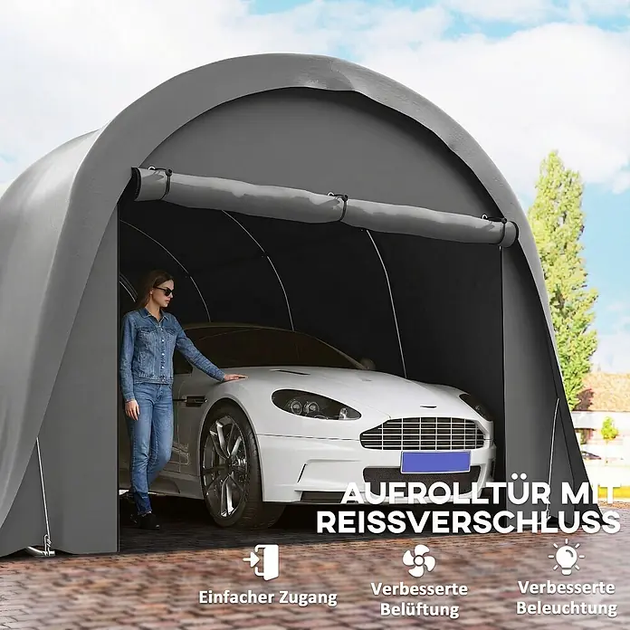 Outsunny Carport - Außenmaß inkl. Dachüberstand (B x T): 3 x 6 m, Dunkelgrau - Graues, tragbares Autozelt mit aufgerolltem Vordertor, in dem ein weißes Auto steht. Für einfachen Zugang, Belüftung und Beleuchtung konzipiert.