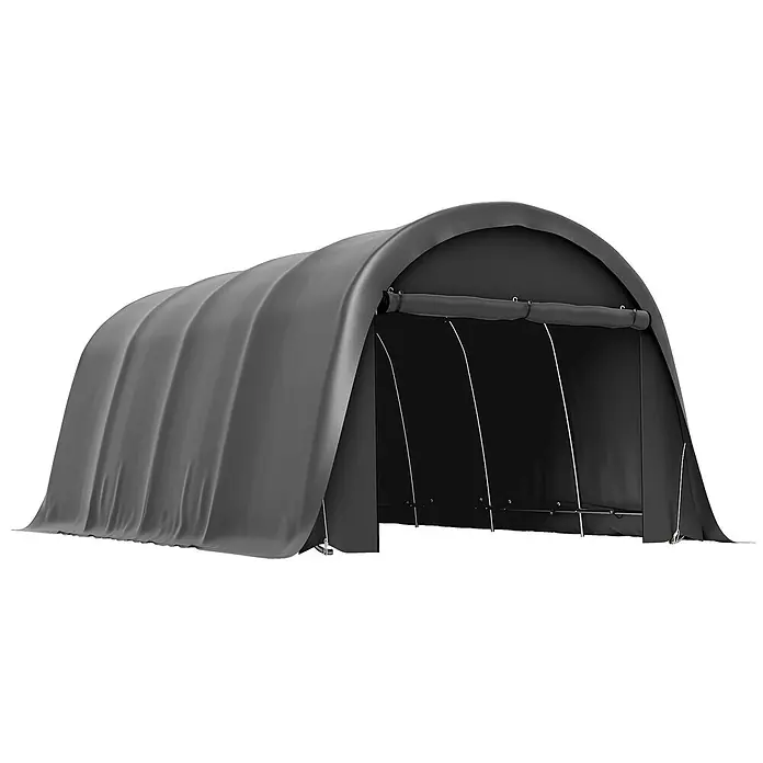 Outsunny Carport - Außenmaß inkl. Dachüberstand (B x T): 3 x 6 m, Dunkelgrau - Dunkelgraues Bogenlagerzelt mit offener Vorderseite.
