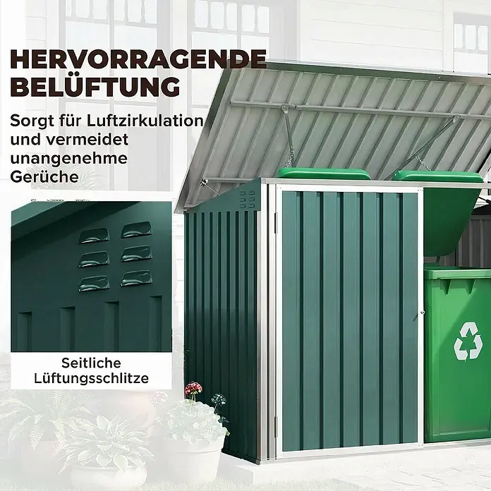 Outsunny Mülltonnenbox - Stahl - Grünes Mülltonnenhaus aus Metall mit Lüftungsschlitzen und offenem Dach für gute Belüftung.