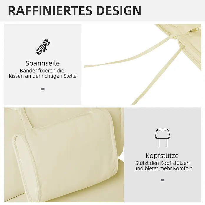 Outsunny Liegenauflage - Gartenliege, 1 Stk., L x B x H: 198 x 53 x 5 cm, Polyester, Baumwollfaser, Cremeweiß - Cremefarbenes Kissen mit Spannseilen zur Fixierung und integrierter Kopfstütze für Komfort.