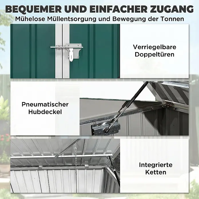 Outsunny Mülltonnenbox - Stahl - Grüne Metall-Mülltonnenbox mit abschließbaren Doppeltüren, pneumatischem Hubdeckel und integrierten Ketten für einfachen Zugang.
