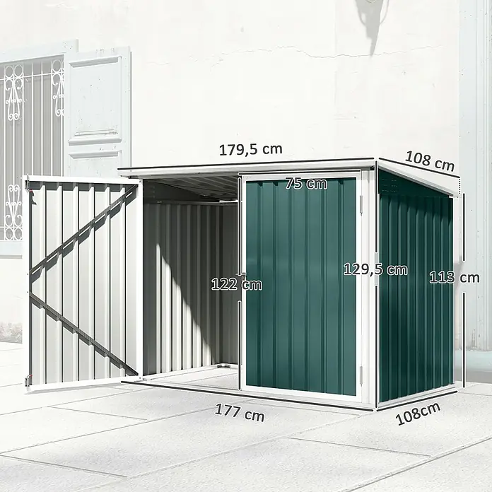 Outsunny Mülltonnenbox - Stahl - Zweifarbige Metall-Gartenbox (weiß/dunkelgrün) mit offener Tür und Maßen.