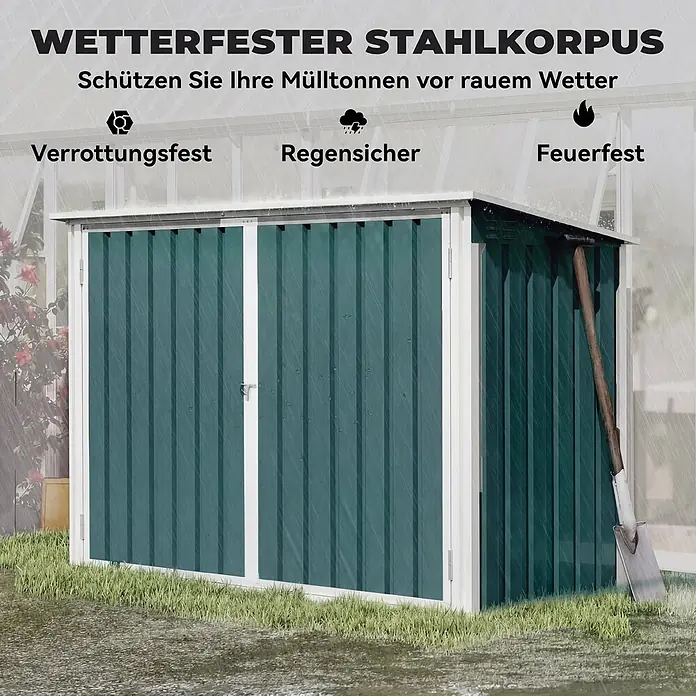 Outsunny Mülltonnenbox - Stahl - Grün-weiße wetterfeste Stahlbox zum Schutz von Mülltonnen vor rauer Witterung.
