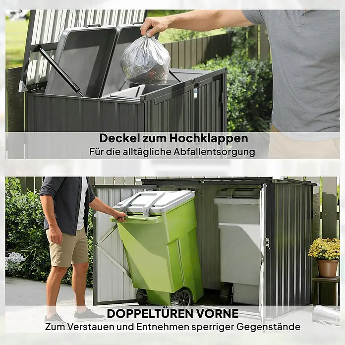 Outsunny Mülltonnenbox - Stahl, Dunkelgrau, Geeignet für Anzahl Mülltonnen: 2 Stk. - Dunkelgraue Mülltonnenbox aus Metall. Deckel zum Befüllen hochklappen, Doppeltüren vorne für einfache Entnahme der Tonnen.