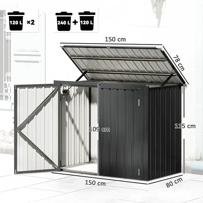 Outsunny Mülltonnenbox - Stahl, Dunkelgrau, Geeignet für Anzahl Mülltonnen: 2 Stk. - Zweifarbige Wellblech-Mülltonnenbox (150x80x115 cm) mit offenem Deckel, passend für mehrere Abfallbehälter (z.B. 2x120L oder 1x240L + 1x120L).