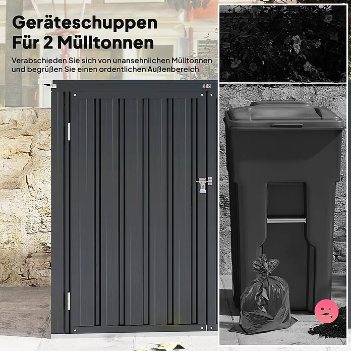 Outsunny Mülltonnenbox - Stahl, Dunkelgrau, Geeignet für Anzahl Mülltonnen: 2 Stk. - Dunkelgrauer Metallschuppen für zwei Mülltonnen, draußen gezeigt, für einen ordentlichen Außenbereich.