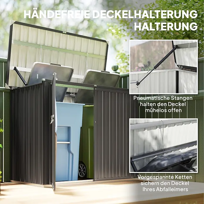 Outsunny Mülltonnenbox - Stahl, Dunkelgrau, Geeignet für Anzahl Mülltonnen: 2 Stk. - Dunkelgraue Mülltonnenbox aus Metall mit offenem Deckel, gehalten von pneumatischen Stangen. Ketten verbinden ihn mit den inneren Mülleimern für freihändiges Öffnen.