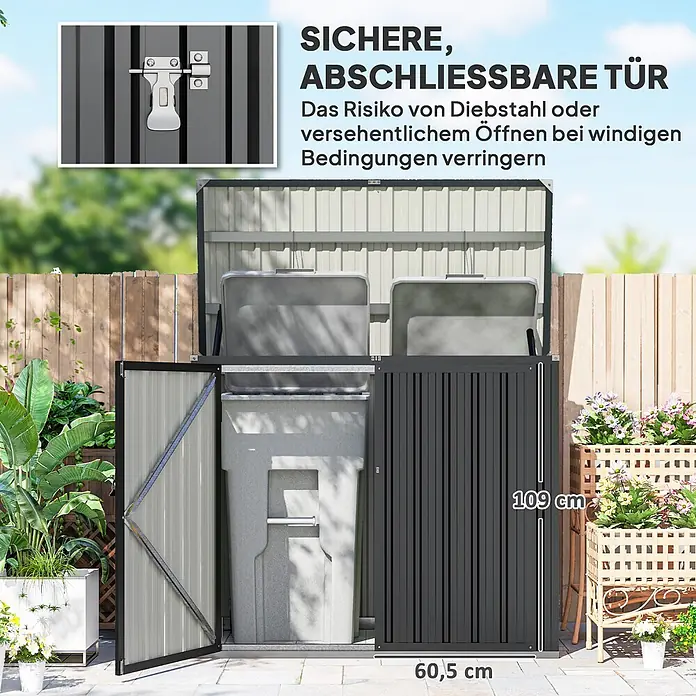 Outsunny Mülltonnenbox - Stahl, Dunkelgrau, Geeignet für Anzahl Mülltonnen: 2 Stk. - Dunkelgraue Metall-Outdoor-Aufbewahrungsbox mit offenen Türen und Deckel, bietet Platz für Mülltonnen. Verfügt über eine sichere, abschließbare Tür und misst 109x60,5 cm.