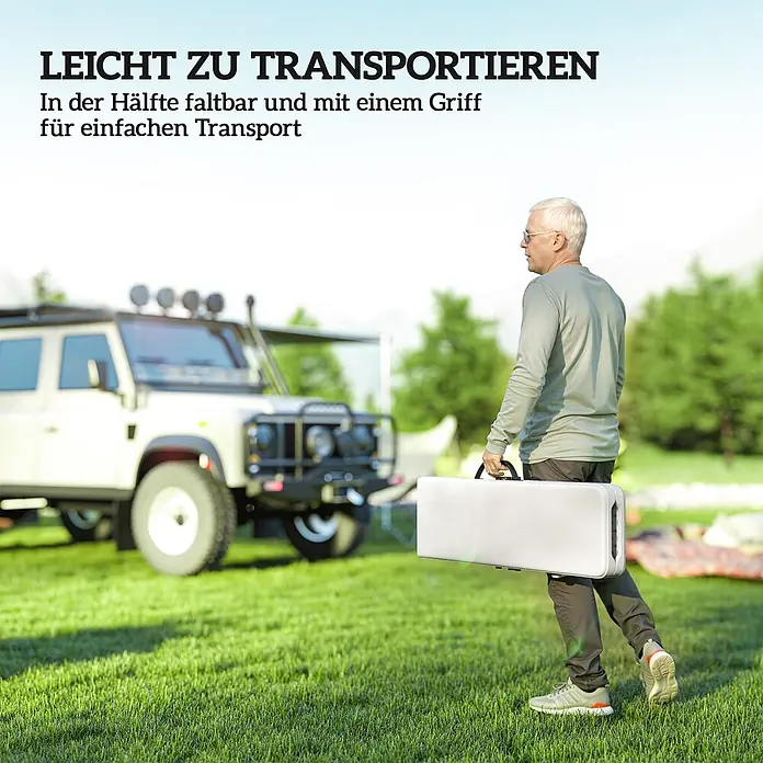 Outsunny Klappbank - 28 x 28 x 42 cm, HDPE, Metall, Weiß, Klappbar - Mann trägt einen weißen, faltbaren Tisch mit Griff, was den einfachen Transport zeigt.