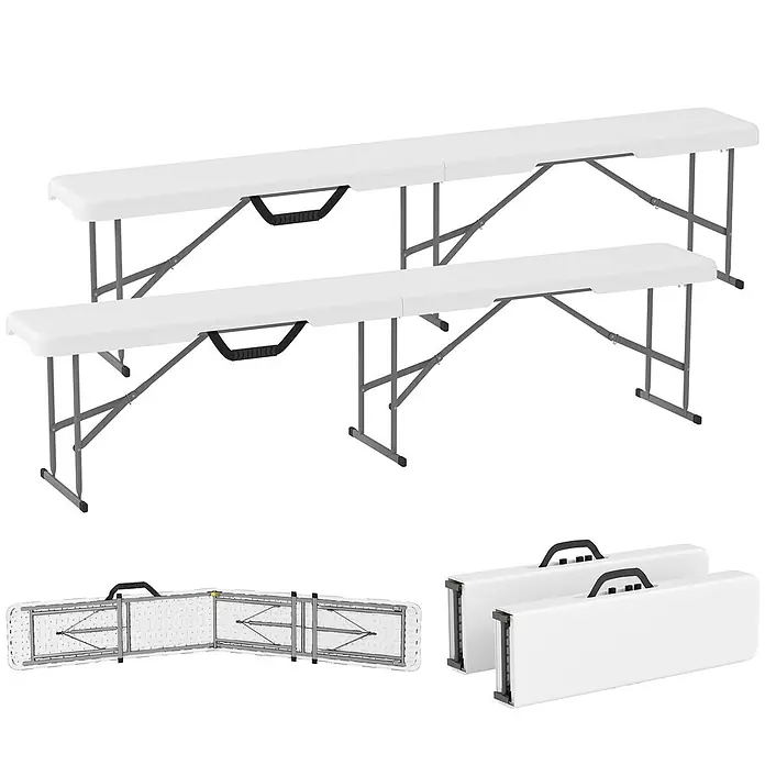 Outsunny Klappbank - 28 x 28 x 42 cm, HDPE, Metall, Weiß, Klappbar - Zwei weiße klappbare Bänke mit grauen Metallbeinen, aufgeklappt und kompakt zusammengeklappt für einfachen Transport mit integrierten Griffen gezeigt.